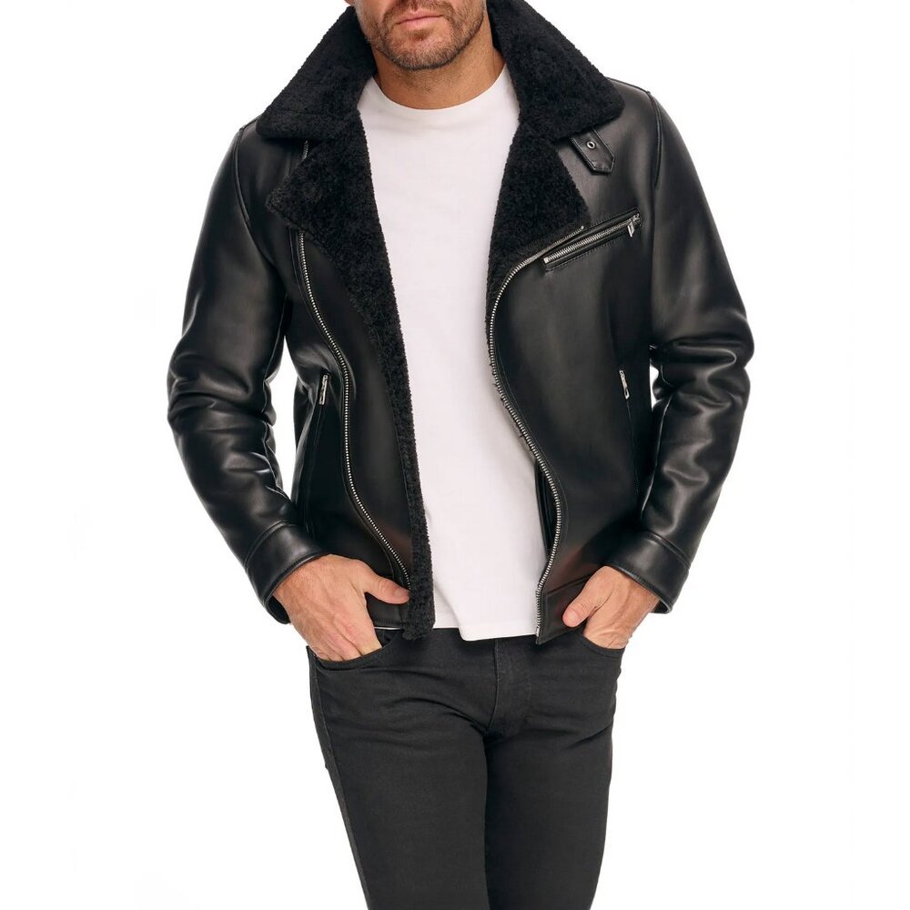 Guess Los Angeles Moto Jacket Asymmetric Faux Shearling Collar Black L Large